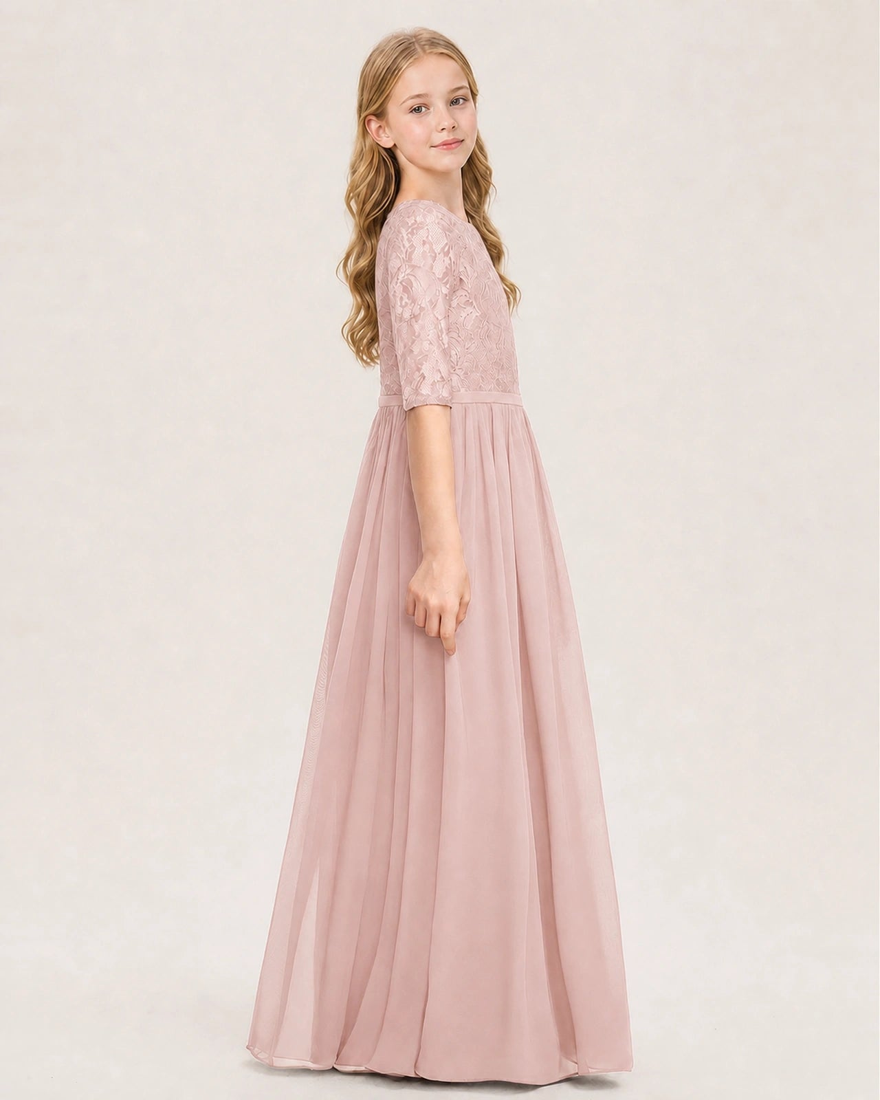 Blush Pink Junior Bridesmaid Dress  Sheer Lace Sleeve Chiffon Floor-Length Gown Side View