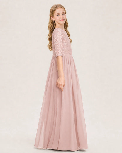 Blush Pink Junior Bridesmaid Dress  Sheer Lace Sleeve Chiffon Floor-Length Gown Side View