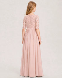 Blush Pink Junior Bridesmaid Dress  Sheer Lace Sleeve Chiffon Floor-Length Gown Back View