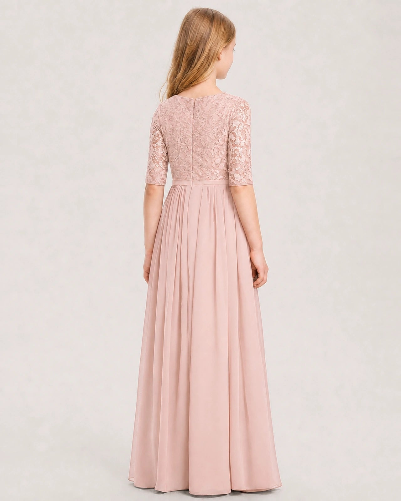 Blush Pink Junior Bridesmaid Dress  Sheer Lace Sleeve Chiffon Floor-Length Gown Back View
