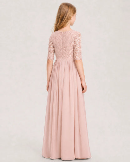 Blush Pink Junior Bridesmaid Dress  Sheer Lace Sleeve Chiffon Floor-Length Gown Back View