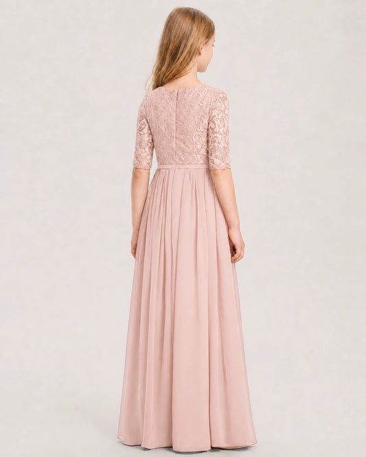 Blush Pink Lace Chiffon A-line Junior Bridesmaid Dress Back View