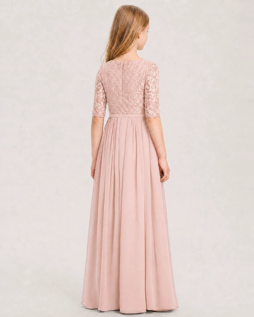 Blush Pink Lace Chiffon A-line Junior Bridesmaid Dress Back View