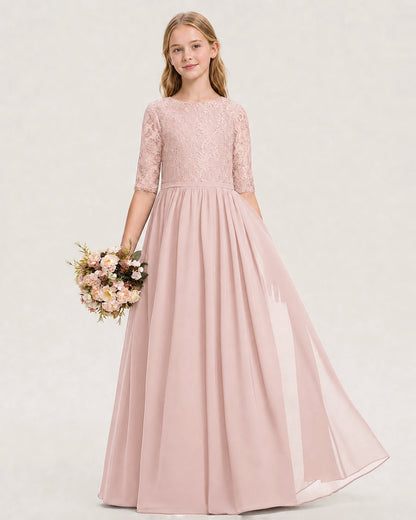Blush Pink Junior Bridesmaid Dress  Sheer Lace Sleeve Chiffon Floor-Length Gown Front View