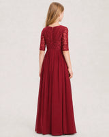 Burgundy Lace Chiffon A-line Junior Bridesmaid Dress Back View
