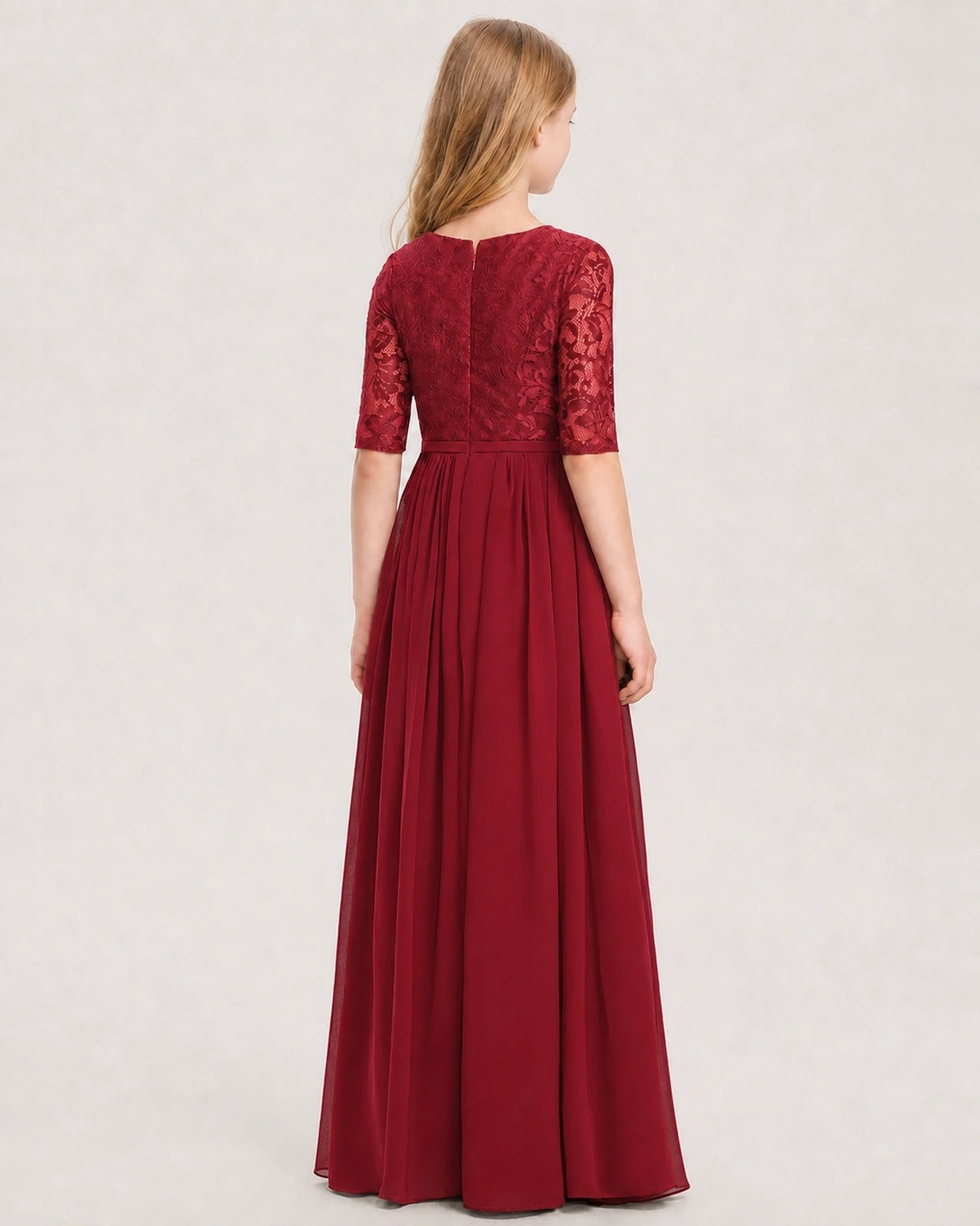 Burgundy Junior Bridesmaid Dress  Sheer Lace Sleeve Chiffon Floor-Length Gown Back View
