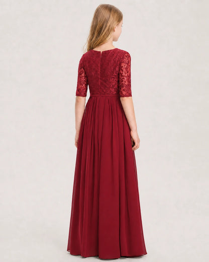 Burgundy Junior Bridesmaid Dress  Sheer Lace Sleeve Chiffon Floor-Length Gown Back View
