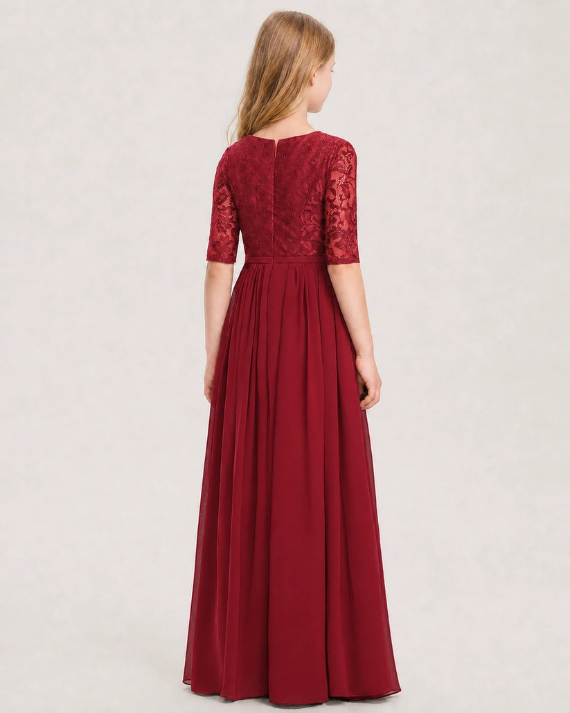 Burgundy Lace Chiffon A-line Junior Bridesmaid Dress Back View