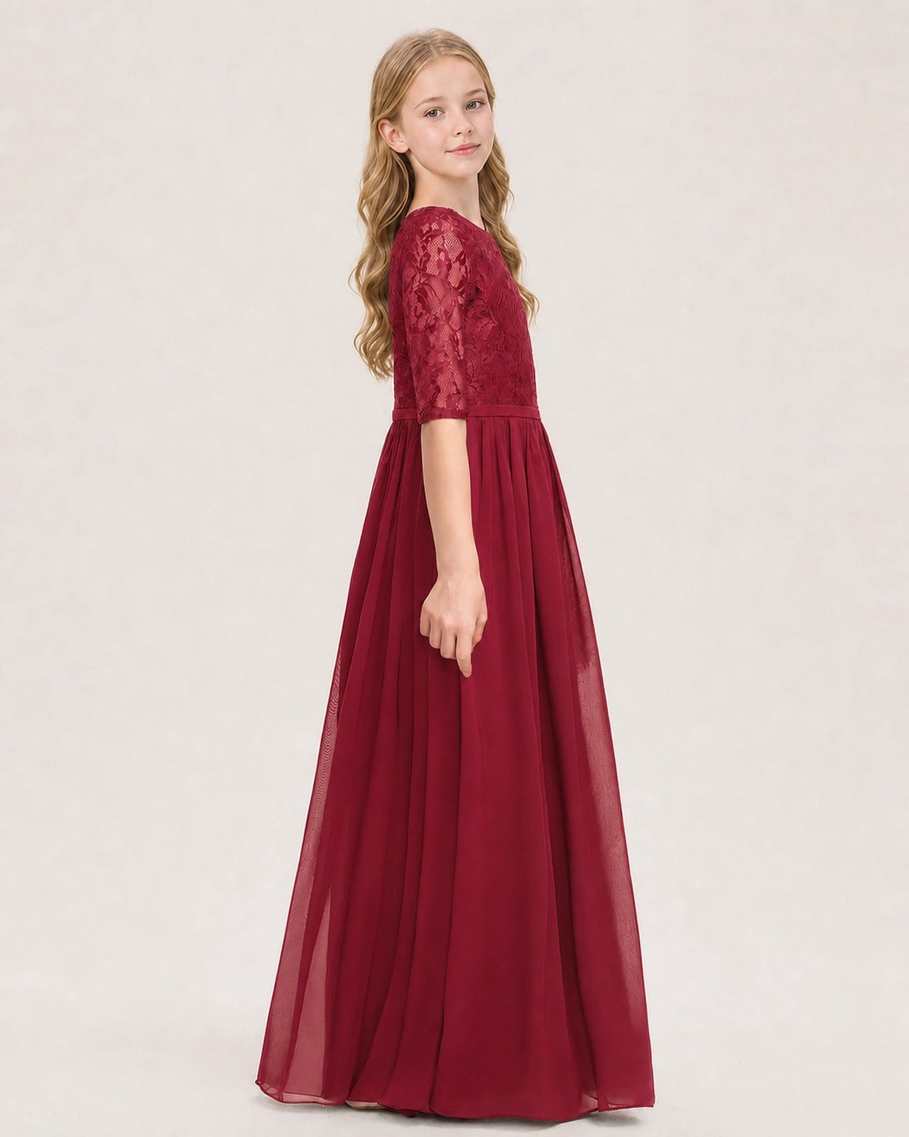 Burgundy Junior Bridesmaid Dress  Sheer Lace Sleeve Chiffon Floor-Length Gown Side View