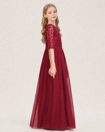 Burgundy Junior Bridesmaid Dress  Sheer Lace Sleeve Chiffon Floor-Length Gown Side View