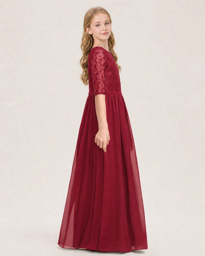 Burgundy Junior Bridesmaid Dress  Sheer Lace Sleeve Chiffon Floor-Length Gown Side View