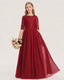 Burgundy Junior Bridesmaid Dress  Sheer Lace Sleeve Chiffon Floor-Length Gown Front View