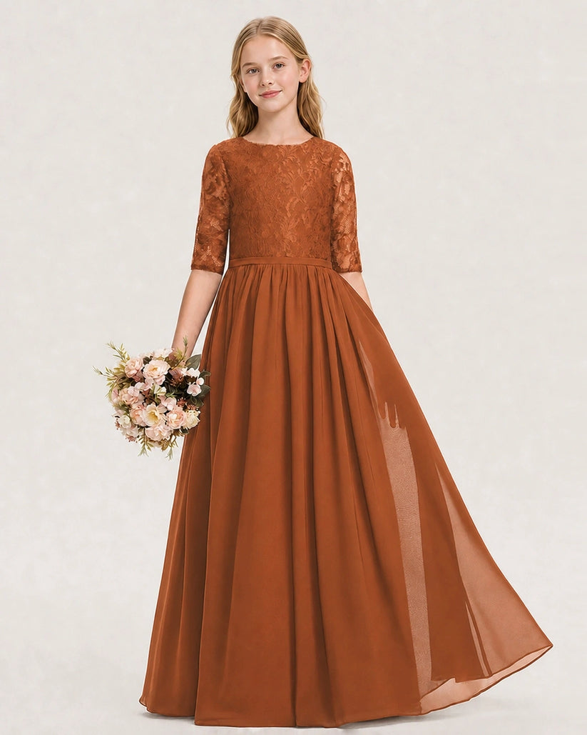 Burnt Orange Lace Chiffon A-line Junior Bridesmaid Dress Front View