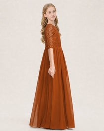 Burnt Orange Junior Bridesmaid Dress  Sheer Lace Sleeve Chiffon Floor-Length Gown Side View