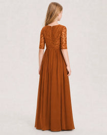 Burnt Orange Junior Bridesmaid Dress  Sheer Lace Sleeve Chiffon Floor-Length Gown Back View