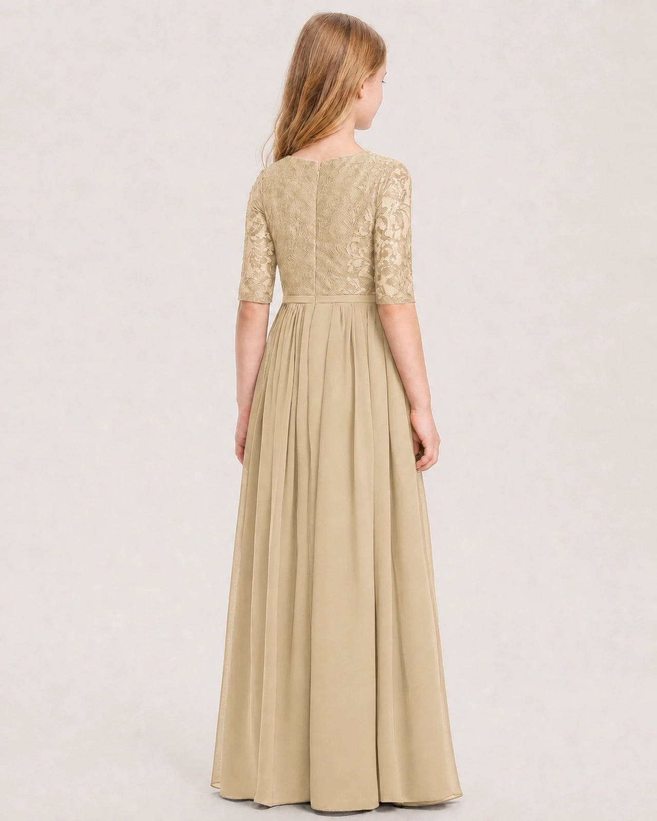 Champagne Junior Bridesmaid Dress  Sheer Lace Sleeve Chiffon Floor-Length Gown Back View