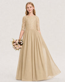 Champagne Junior Bridesmaid Dress  Sheer Lace Sleeve Chiffon Floor-Length Gown Front View