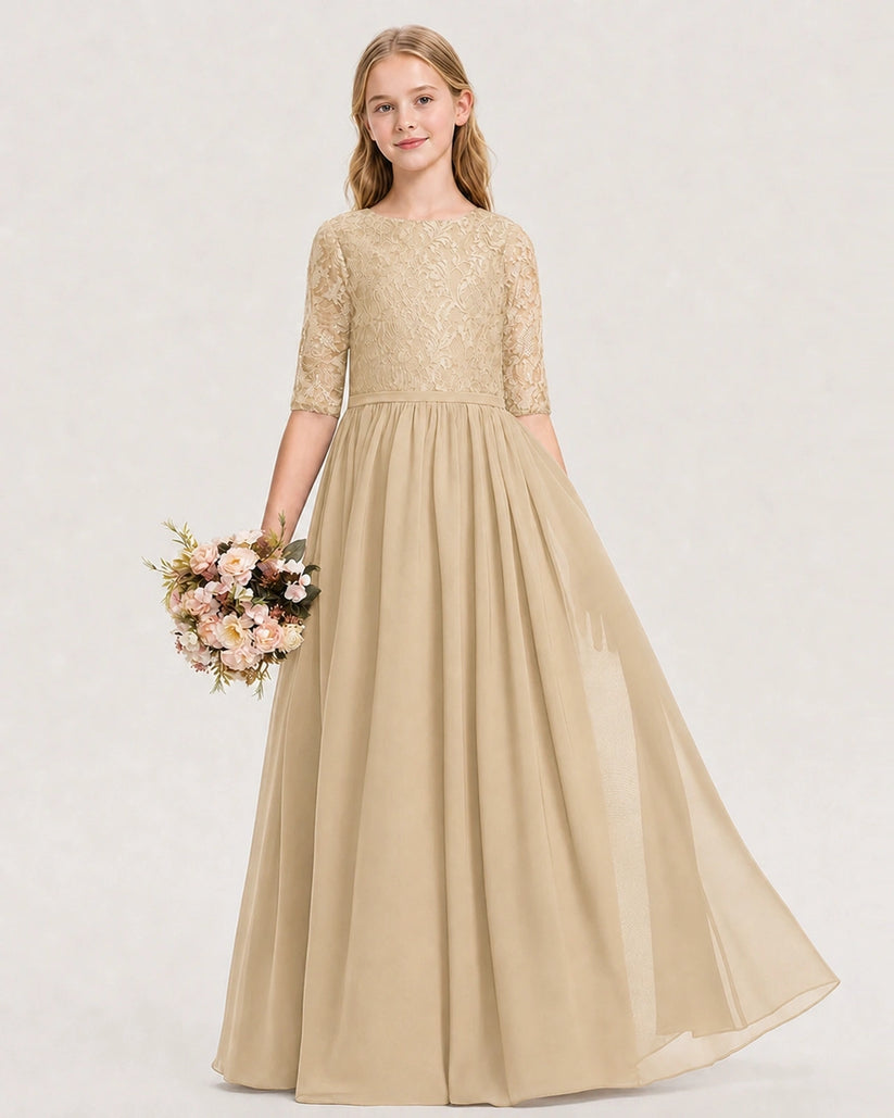 Champagne Lace A-line Junior Bridesmaid Dress Front View