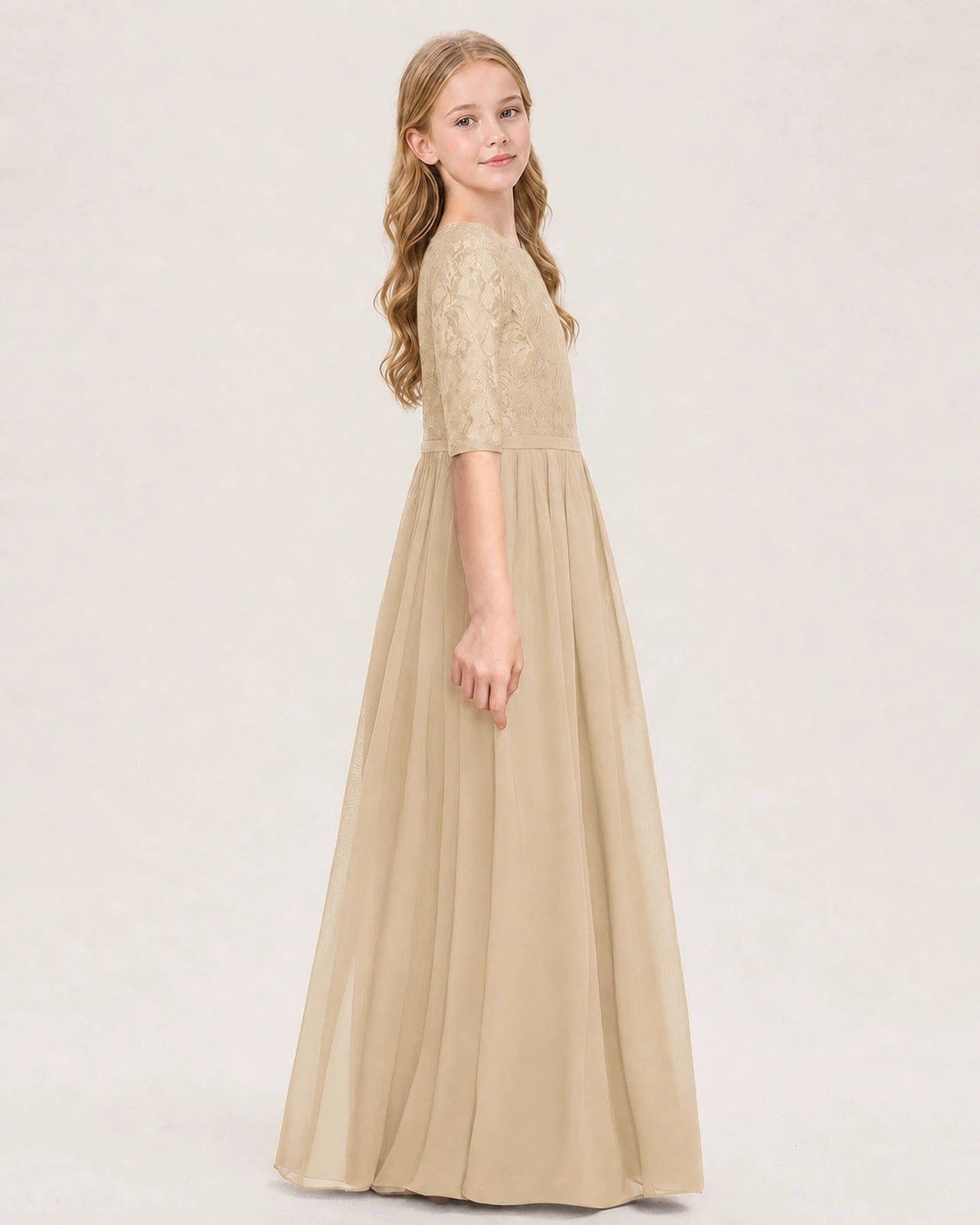 Champagne Junior Bridesmaid Dress  Sheer Lace Sleeve Chiffon Floor-Length Gown Side View