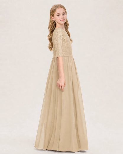 Champagne Junior Bridesmaid Dress  Sheer Lace Sleeve Chiffon Floor-Length Gown Side View