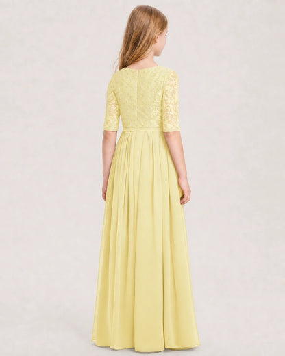 Daffodil Junior Bridesmaid Dress  Sheer Lace Sleeve Chiffon Floor-Length Gown Back View