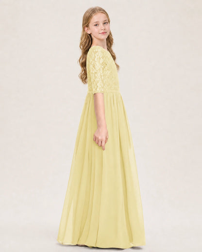 Daffodil Junior Bridesmaid Dress  Sheer Lace Sleeve Chiffon Floor-Length Gown Side View