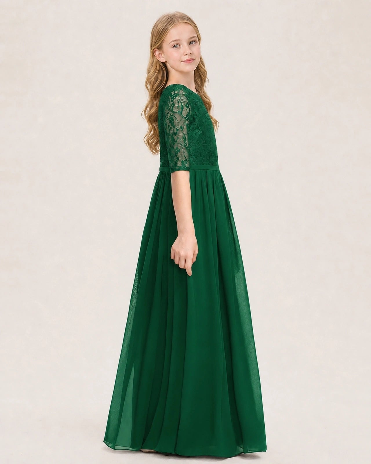 Dark Green Junior Bridesmaid Dress  Sheer Lace Sleeve Chiffon Floor-Length Gown Side View