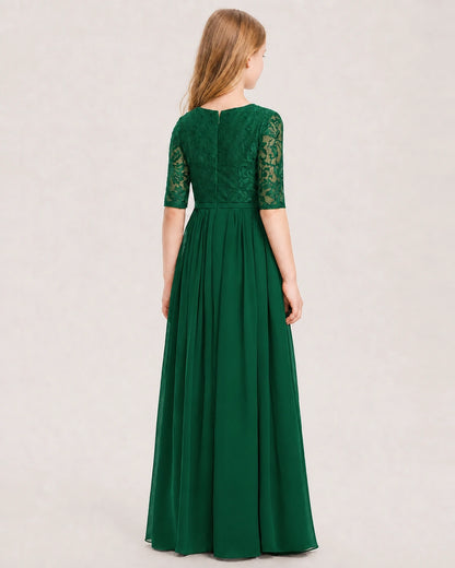 Dark Green Junior Bridesmaid Dress  Sheer Lace Sleeve Chiffon Floor-Length Gown Back View