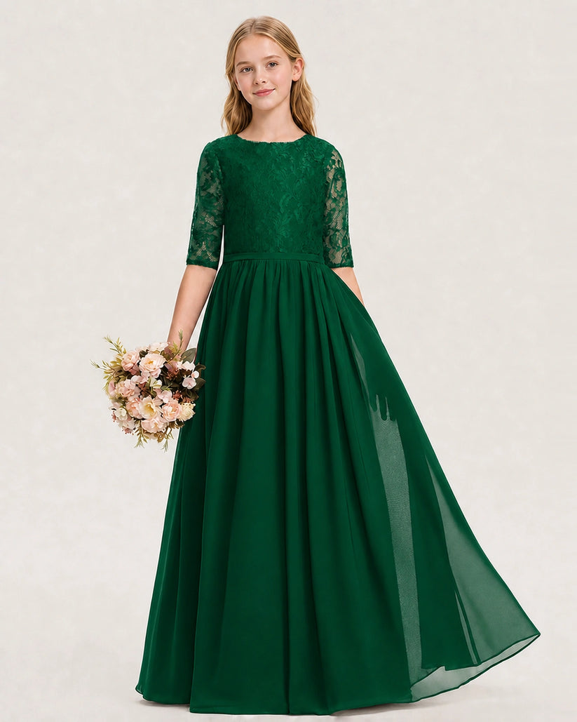 Dark Green Lace A-line Junior Bridesmaid Dress Front View