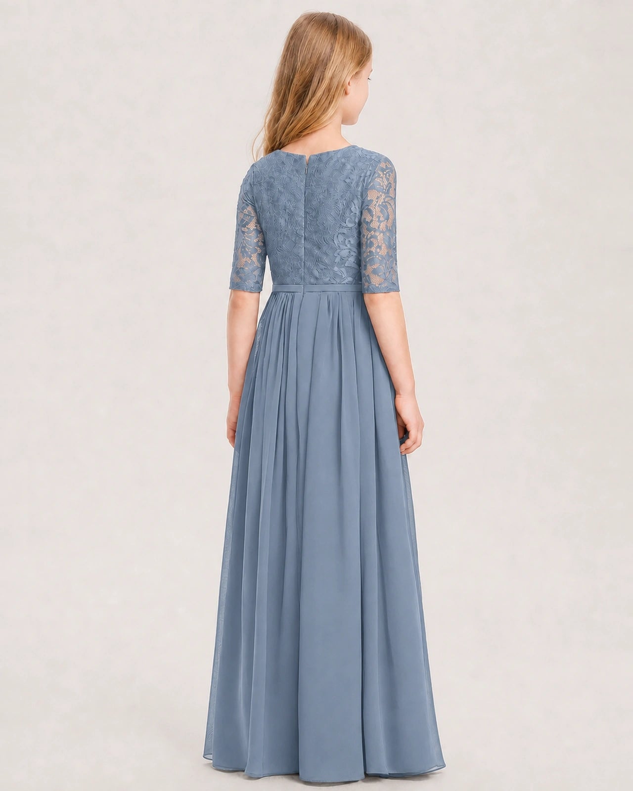 Dusty Blue Junior Bridesmaid Dress  Sheer Lace Sleeve Chiffon Floor-Length Gown Back View