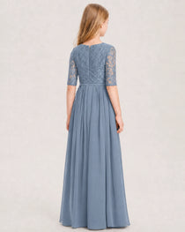 Dusty Blue Junior Bridesmaid Dress  Sheer Lace Sleeve Chiffon Floor-Length Gown Back View
