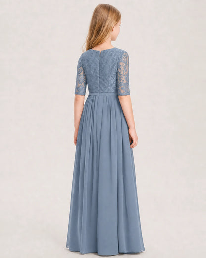 Dusty Blue Junior Bridesmaid Dress  Sheer Lace Sleeve Chiffon Floor-Length Gown Back View