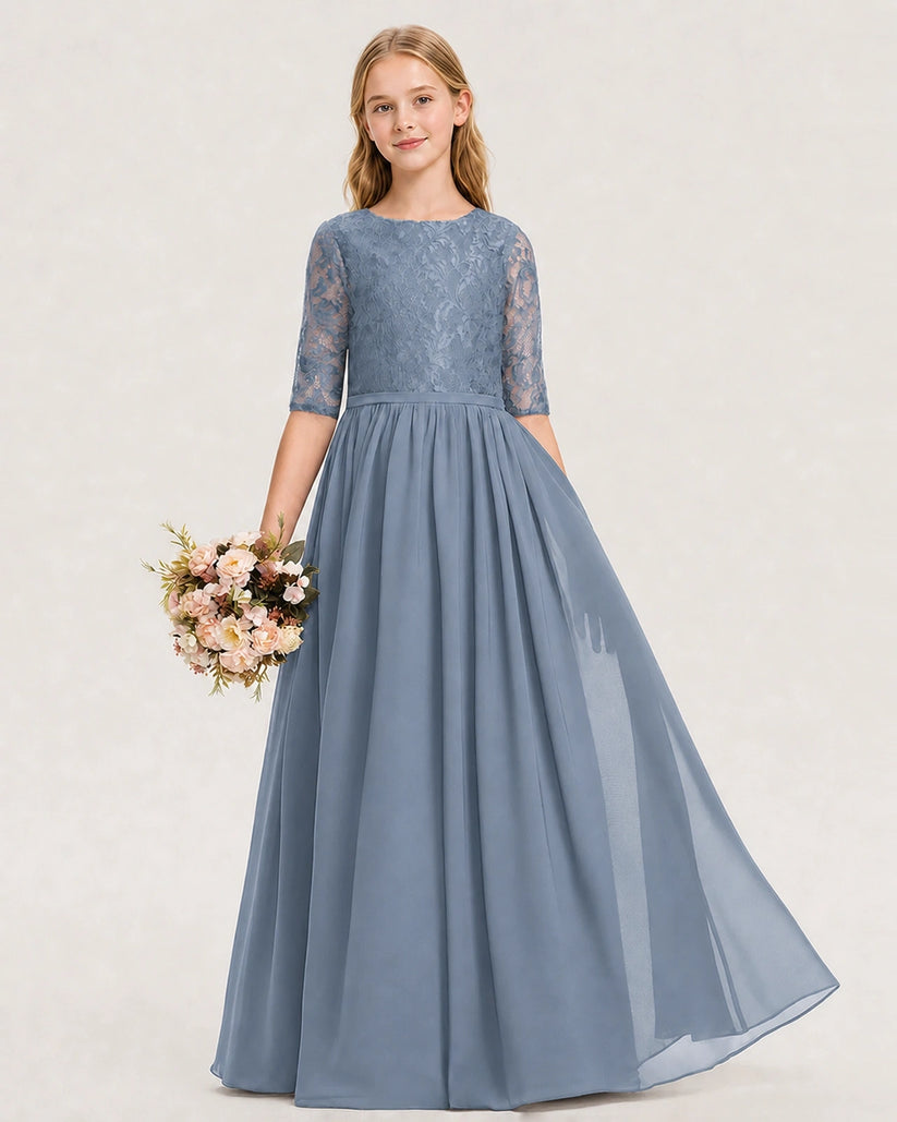 Dusty Blue Lace A-line Junior Bridesmaid Dress Front View