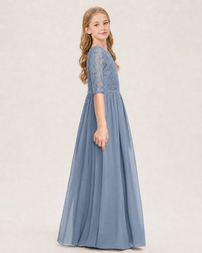 Dusty Blue Junior Bridesmaid Dress  Sheer Lace Sleeve Chiffon Floor-Length Gown Side View