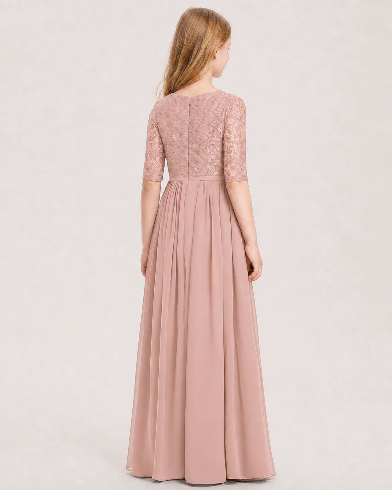 Dusty Rose Junior Bridesmaid Dress  Sheer Lace Sleeve Chiffon Floor-Length Gown Back View