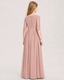 Dusty Rose Junior Bridesmaid Dress  Sheer Lace Sleeve Chiffon Floor-Length Gown Back View