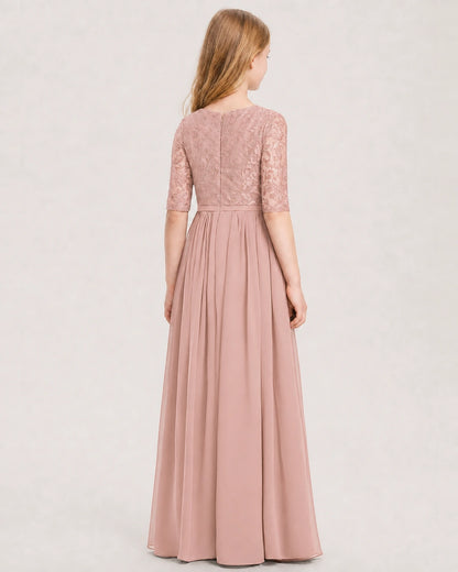 Dusty Rose Junior Bridesmaid Dress  Sheer Lace Sleeve Chiffon Floor-Length Gown Back View