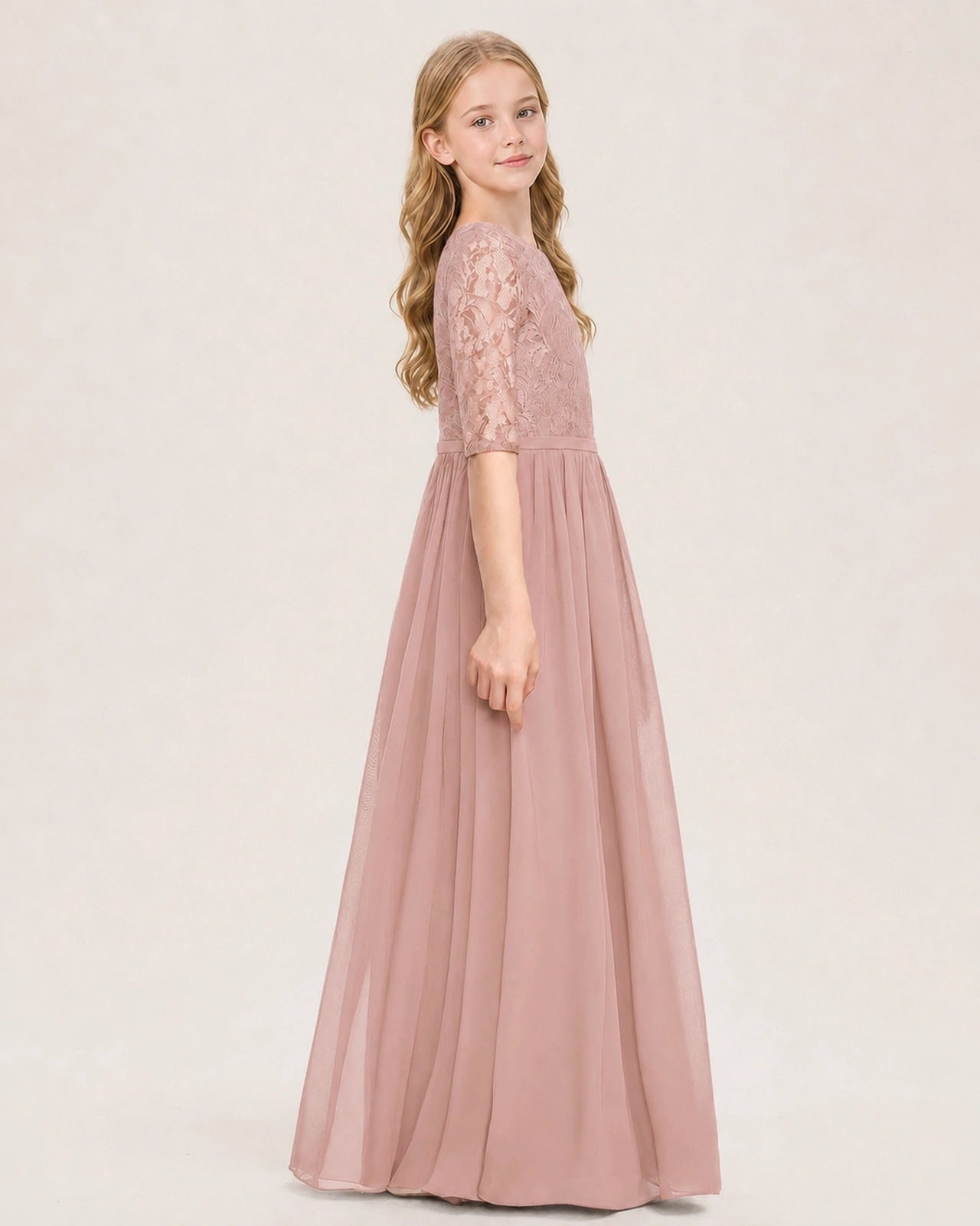Dusty Rose Junior Bridesmaid Dress  Sheer Lace Sleeve Chiffon Floor-Length Gown Side View