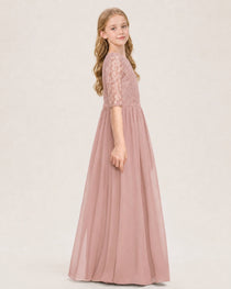 Dusty Rose Junior Bridesmaid Dress  Sheer Lace Sleeve Chiffon Floor-Length Gown Side View