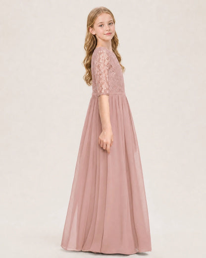 Dusty Rose Junior Bridesmaid Dress  Sheer Lace Sleeve Chiffon Floor-Length Gown Side View