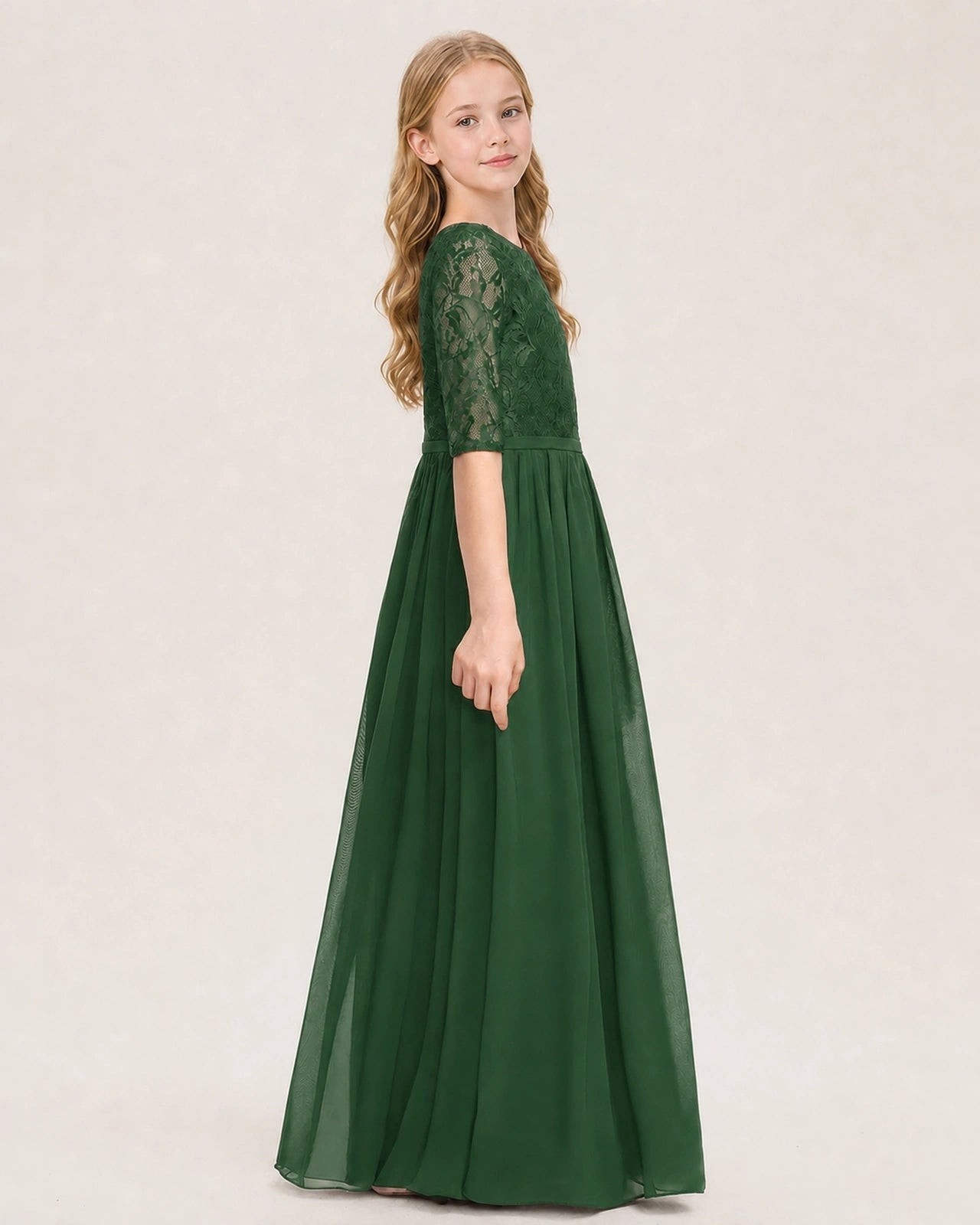 Emerald Green Junior Bridesmaid Dress  Sheer Lace Sleeve Chiffon Floor-Length Gown Side View