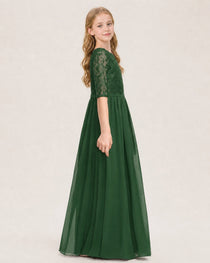 Emerald Green Junior Bridesmaid Dress  Sheer Lace Sleeve Chiffon Floor-Length Gown Side View
