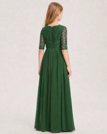 Emerald Green Junior Bridesmaid Dress  Sheer Lace Sleeve Chiffon Floor-Length Gown Back View