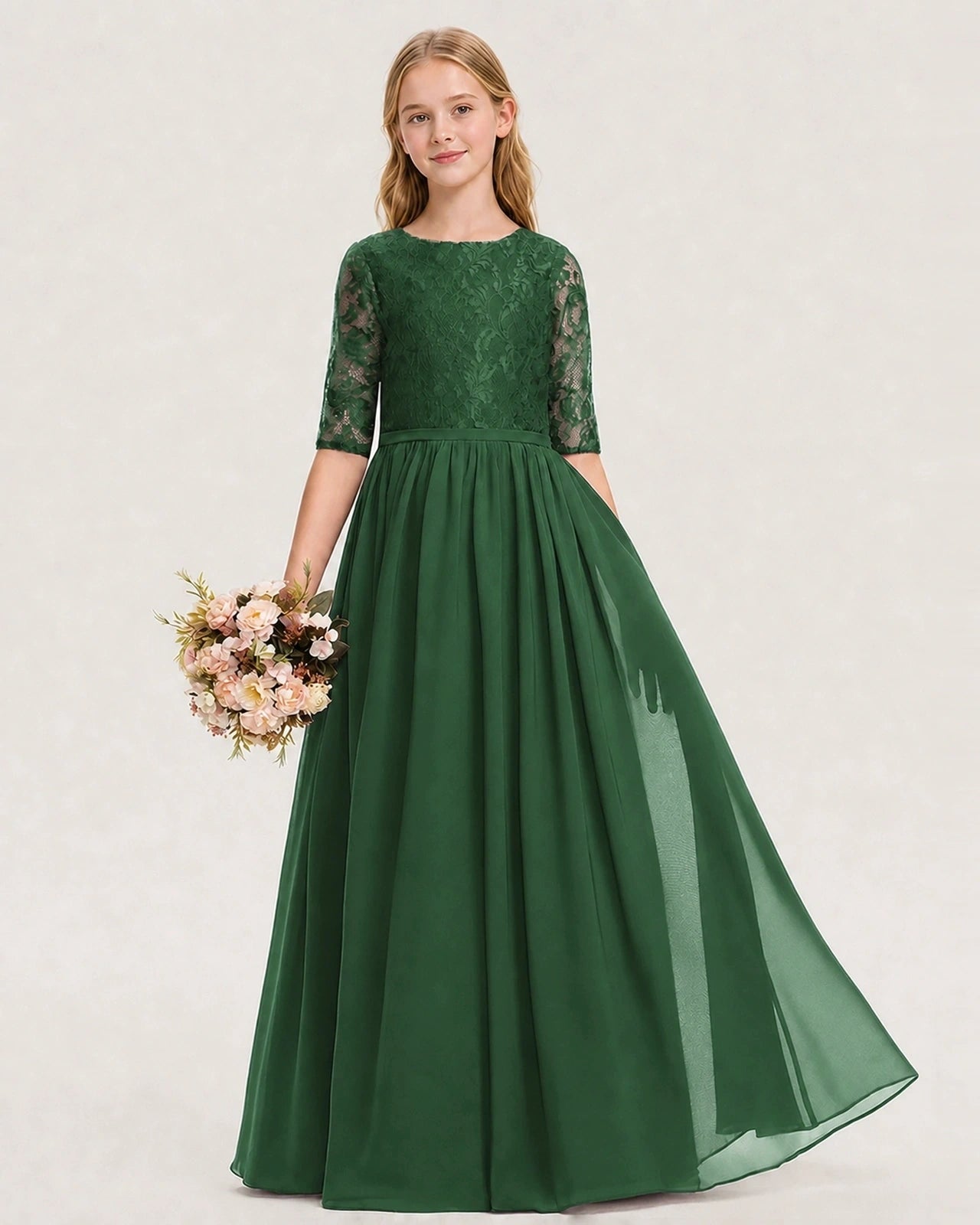 Emerald Green Junior Bridesmaid Dress  Sheer Lace Sleeve Chiffon Floor-Length Gown Front View