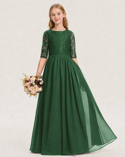 Emerald Green Junior Bridesmaid Dress  Sheer Lace Sleeve Chiffon Floor-Length Gown Front View