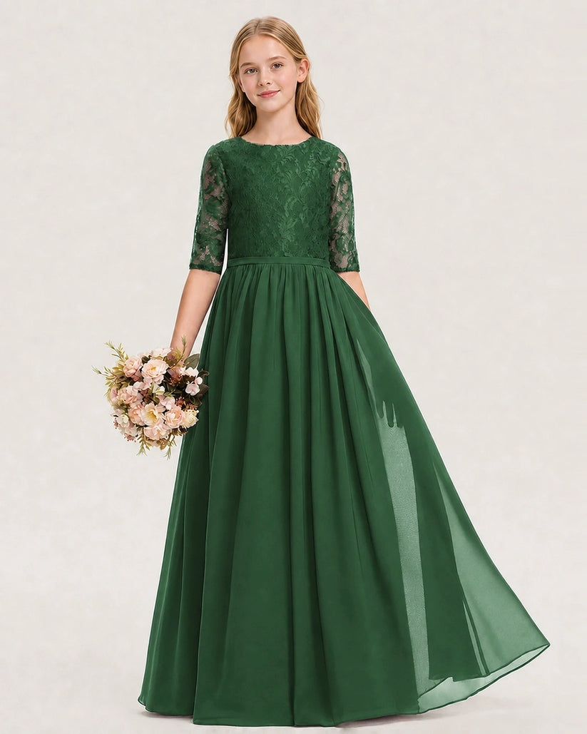 Emerald Green Lace Chiffon A-line Junior Bridesmaid Dress Front View