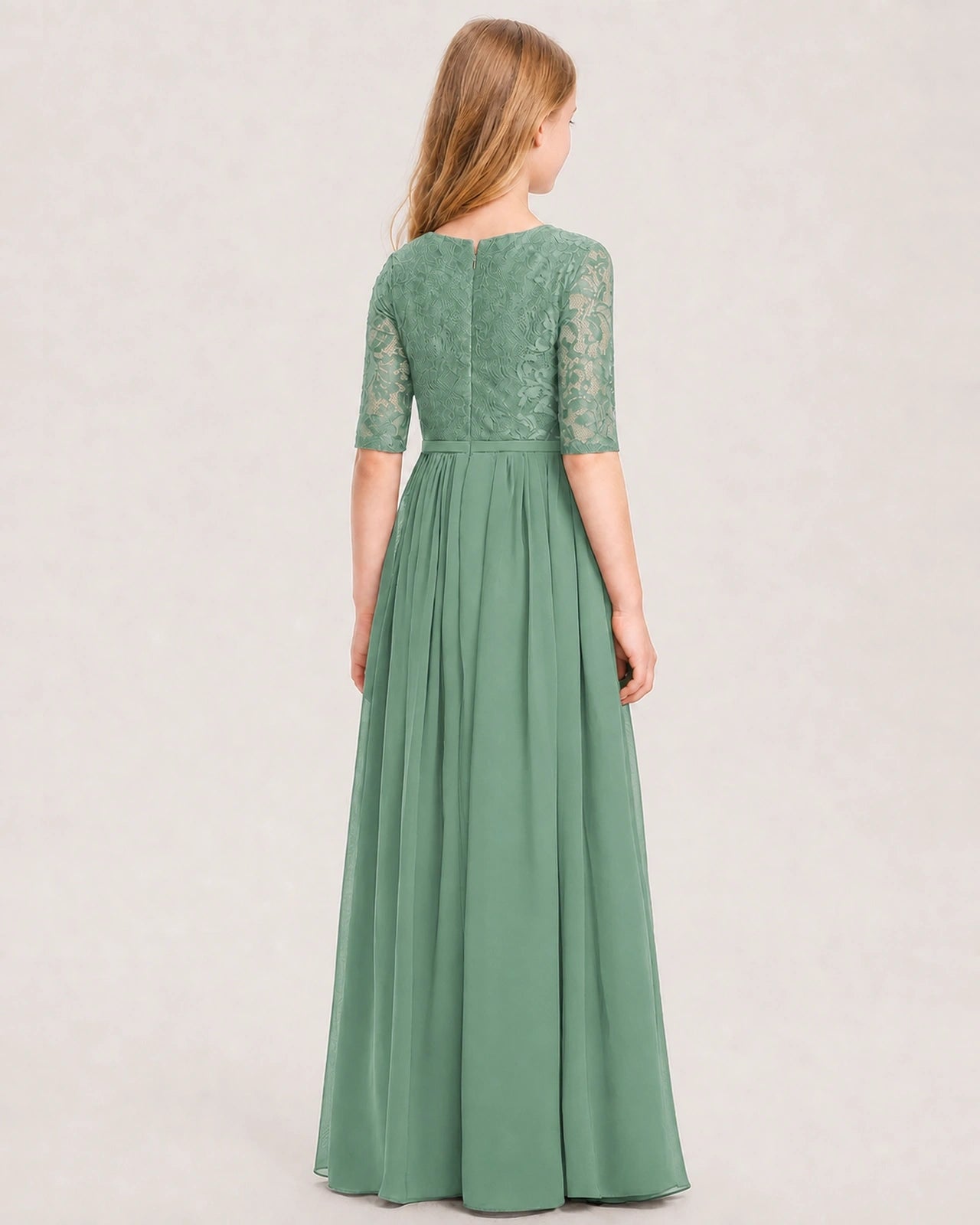 Eucalyptus Junior Bridesmaid Dress  Sheer Lace Sleeve Chiffon Floor-Length Gown Back View