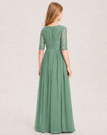 Eucalyptus Junior Bridesmaid Dress  Sheer Lace Sleeve Chiffon Floor-Length Gown Back View