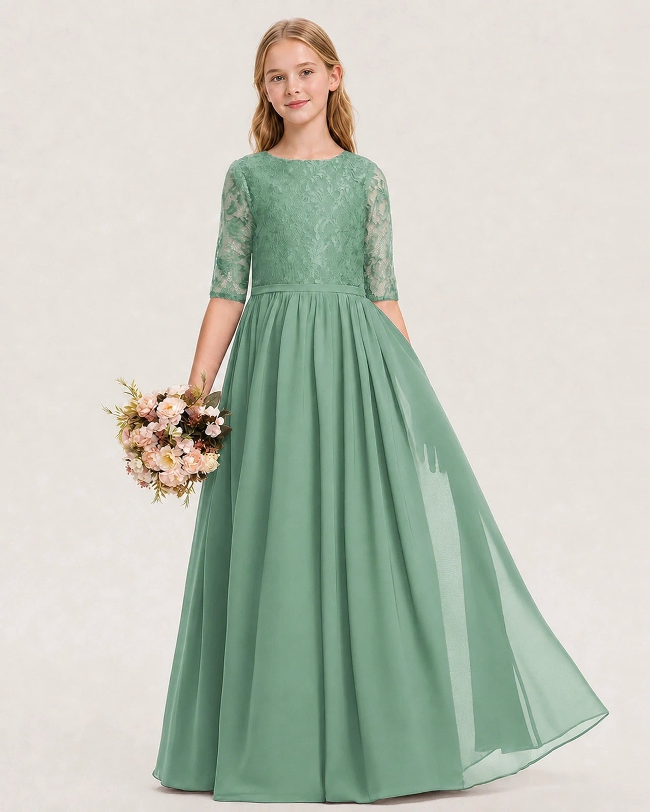 Eucalyptus Junior Bridesmaid Dress  Sheer Lace Sleeve Chiffon Floor-Length Gown Front View