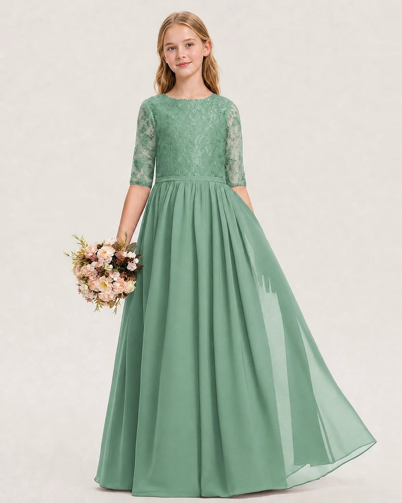 Eucalyptus Chiffon A-line Junior Bridesmaid Dress Front View